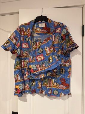 Printfresh Blue Novelty-Print Short Sleeve Button-Up Pajama Top + Short Set NWOT